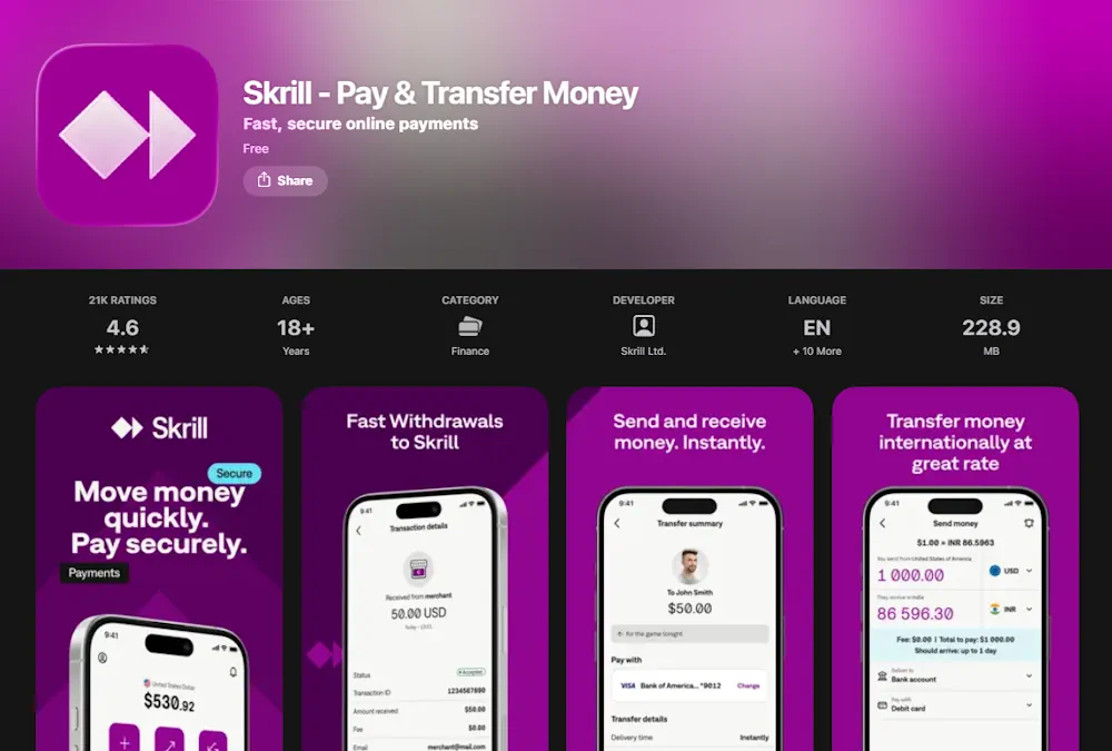 Skrill App App Store Screenshot